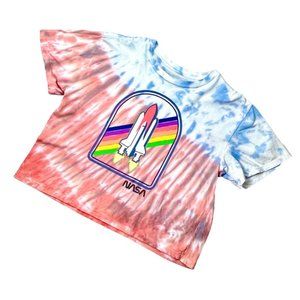 NASA multicolor tie dye crop top shirt, women's sz large, blue pink, retro look